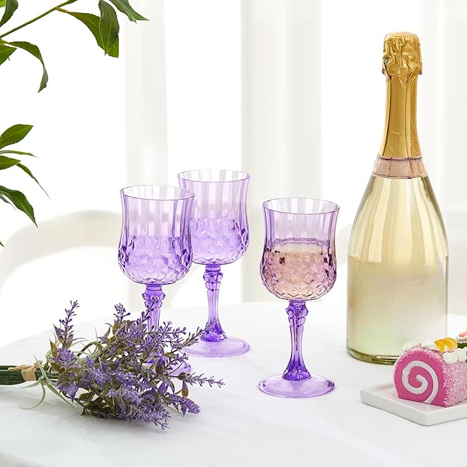 Pinkunn 12 Pcs 7 oz Plastic Vintage Wine Glasses Reusable Colored Goblets Patterned Drinking Water Glasses Cup Dishwasher Safe for Christmas Wedding Reception Party Supplies (Purple)