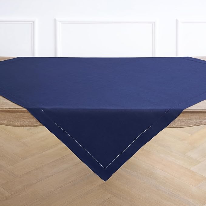 Solino Home Navy Blue Linen Tablecloth 52 x 52 Inch - 100% Pure Linen Square Table Throw - Classic Hemstitch, Machine Washable Table Cloth for Holiday, Winter, New Year