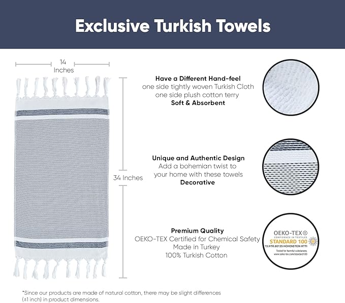 sea me at home Turkish Hand Towels for Bathroom, Kitchen Towels Decorative Set of 2, Luxury Turkish Cotton Dish Tea Towels 14 x 30 Inches for Bohemian, Rustic, and Farmhouse Decor (Navy)