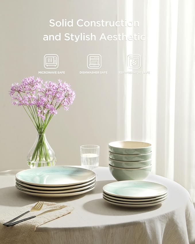 Famiware Glacier Stoneware Dinnerware Sets, Plates and Bowls Sets, 12 Pieces Kitchen Dishes Set for 4 - Dishwasher and Microwave Safe, Chip and Scratch Resistant, Aqua