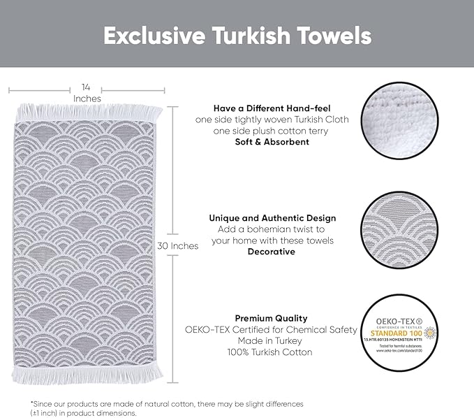 sea me at home Kitchen Towels Decorative Set of 2, Turkish Hand Towels for Bathroom, Luxury Turkish Cotton Dish Tea Towels 14 x 30 Inches for Modern, Boho, and Farmhouse Decor (Gray Waves)
