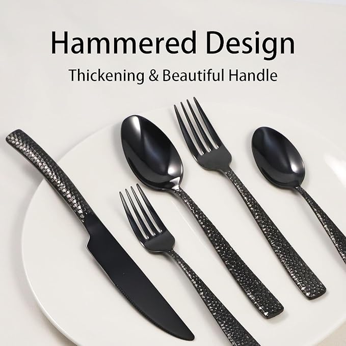 Black Hammered Silverware Set, 20 Piece Stainless Steel Flatware Set for 4, Food-Grade Tableware Cutlery Set for Home Restaurant, Mirror Polished, Dishwasher Safe