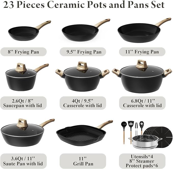 23 Pcs Pots and Pans Set, Non Stick Ceramic Cookware Set with 3 Frying Pans, Healthy Non-Toxic, Large Capacity,Induction Compatible, PFAS/PTFE/PFOA Free, Black