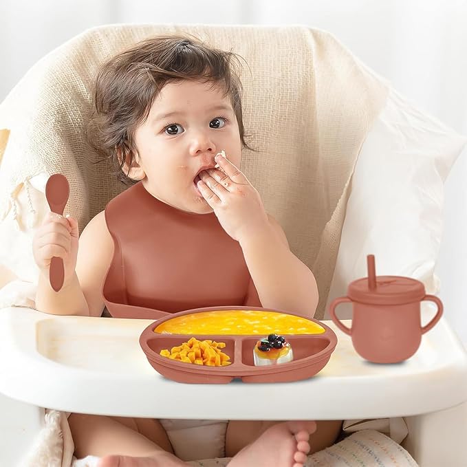 100% Silicone Baby Feeding Set, 9 Pcs: Bib, Divided Plate, Bowl, Sippy Cup, Spoons & Forks (Carrot)