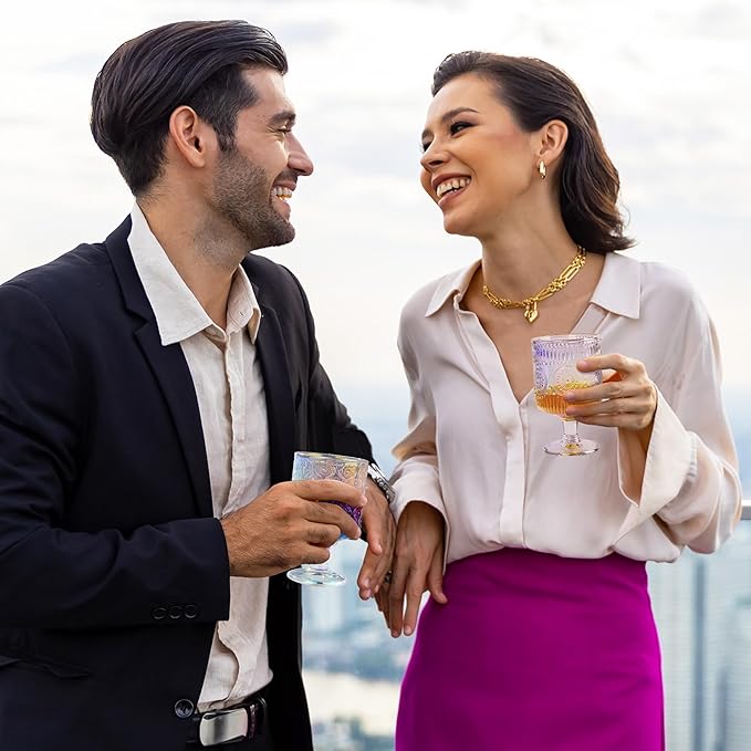 Joeyan Vintage Iridescent Wine Glasses,Embossed Water Goblet Glasses with Sunflower Patterns,Rainbow Beaded Decorative Stemmed Glass Tumbler Cups,Glassware for Party Wedding Anniversary,7 oz,4 pcs