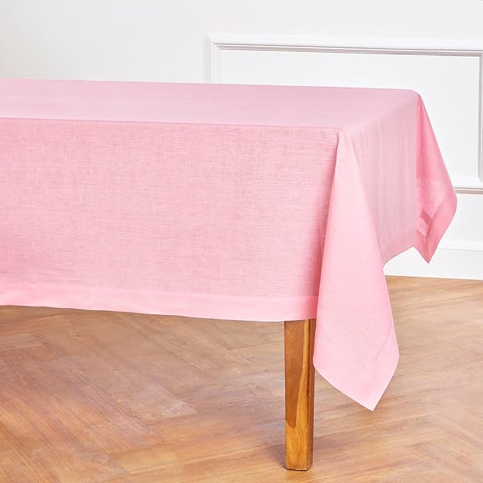 Solino Home Linen Tablecloth for Rectangle Tables 60 x 132 Inch - 100% Pure Linen Pink Lemonade Table Cloth - Fete, Machine Washable Cloth Tablecloth for Valentines