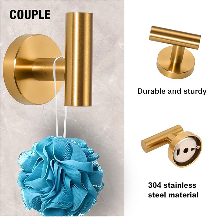 5-Piece Towel Racks for Bathroom, Stainless Steel Bathroom Accessories Set, Bathroom Towel Holder Wall Mounted, Sturdy Bath Towel Bar Set Bathroom Hardware Set (Brushed Gold, 2 Pillar Paper Holder)