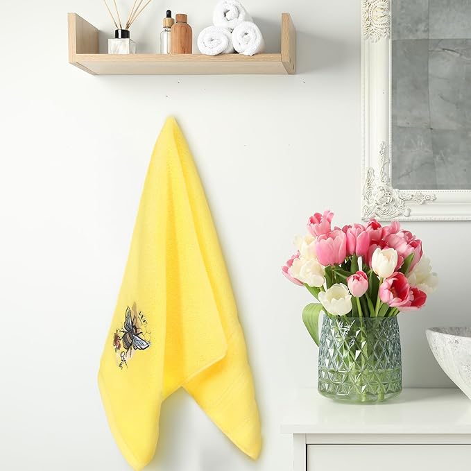 3 Pcs Bee Hand Towels for Bathroom 14 x 29 Inch Cotton Purple Pink Yellow Hand Towels for Bathroom Bee Bath Towel Bees Kitchen Towel Set Drying Cleaning Cooking Gift for Spring Summer