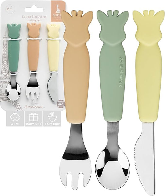 Sophie la girafe Cutlery Set | Easy to Grip | Includes Fork, Knife with Round Tip & Spoon | Ideal for Baby's First Meals