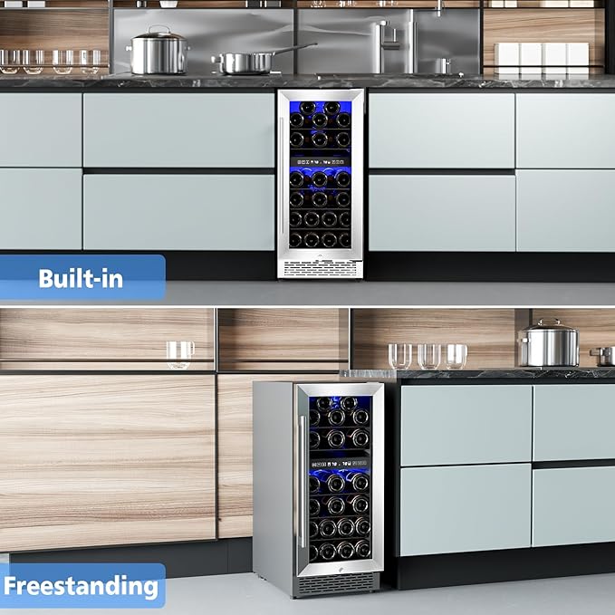 15″ Undercounter Dual Zone Wine Cellar Mini Fridge, 28 Bottle Wine Cooler with Lock, Built In, Freestanding, 41-68℉ Temperature Range, LED Control, Stainless Steel Frame, Adjustable Steel Shelves