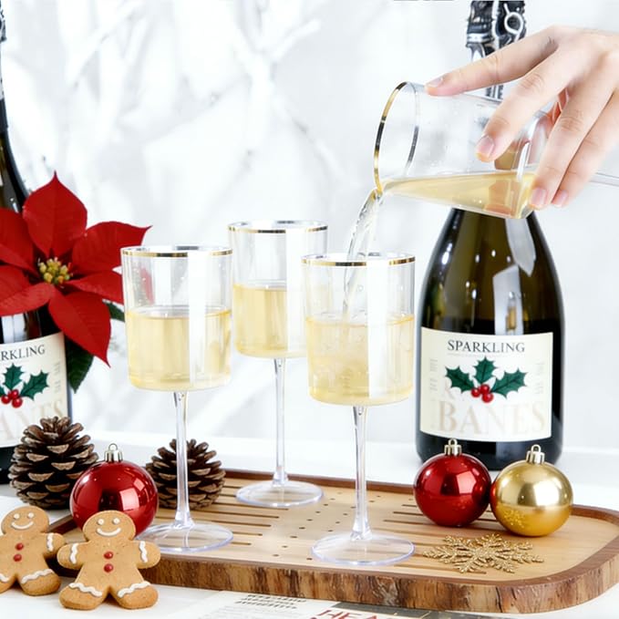 Ciaell 12 Pack Plastic Wine Glasses - 10 Oz Plastic Wine Glasses with Stem - Gold Rim Disposable Cups for Parties & Weddings & Poolside & Toasting & Outdoors & Christmas & New Year