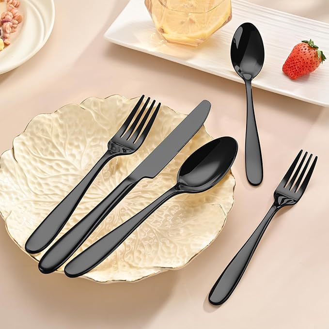 40-Piece Black Silverware Set, Flatware Set for 8, Food-Grade Stainless Steel Tableware Cutlery Set, Mirror Finished Utensil Sets for Home Restaurant, Forks Spoons and Knives Set, Dishwasher Safe