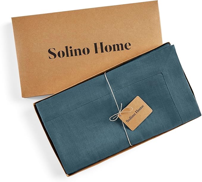 Solino Home Linen Tablecloth for Rectangle Tables 60 x 108 Inch - 100% Pure Linen Peacock Blue Table Cloth - Fete, Machine Washable Cloth Tablecloth for Winter