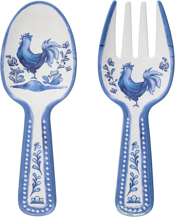 UPware Blue Rooster Melamine Salad Servers, Serving Utensil Set, Includes Serving Fork and Spoon for Tossing Salad, Pasta, Blue, 10.75 Inch, Set of 2