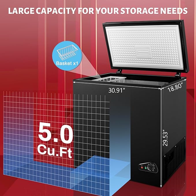 Chest Freezer 5.0 cu ft, Mini Deep Freezer with Removable Basket, FreeStanding Compact Small Freezer, Adjustable 6 Thermostat, Quiet Small Deep Freezer Top Open Door for Dorm/Home(Black)