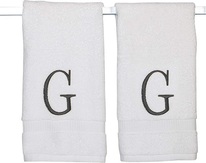 Dark Gray Powder Room Hand Towel - Monogram Initial Hotel Quality Decorative Embroidered Luxury Towel for Spa - GOTS Organic Certified - Set of 2 Letter G