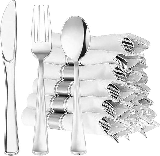 60 Pack Silver Plastic Silverware Set with Pre Rolled Napkins - Disposable Individually Wrapped Cutlery Set Includes 60 Forks, 60 Knives, 60 Spoons, 60 Napkins, Gold Utensils Set (Silver-60 Pack)