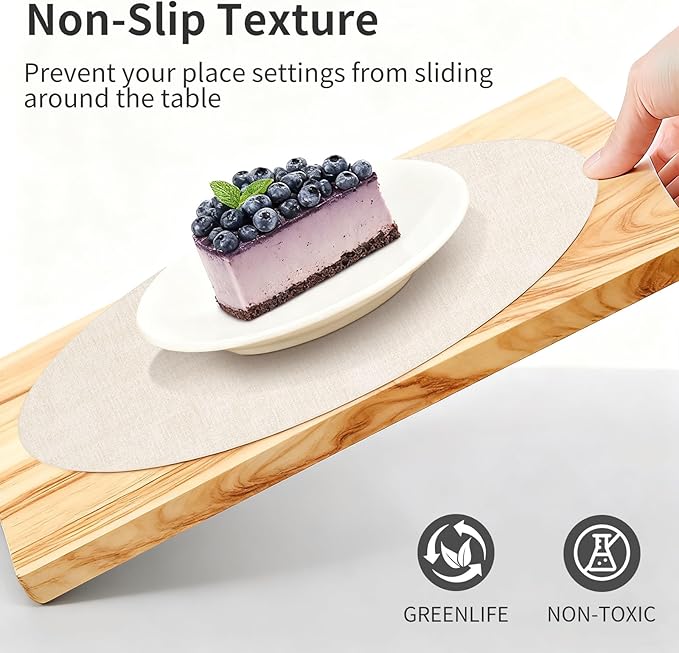 Maxpearl Round Placemats Set of 6, 13.8 inch Faux Leather Heat Resistant Table Mats, Non Slip Waterproof Wipeable Place Mats for Kitchen Dining Holiday Party Table Settings, Beige