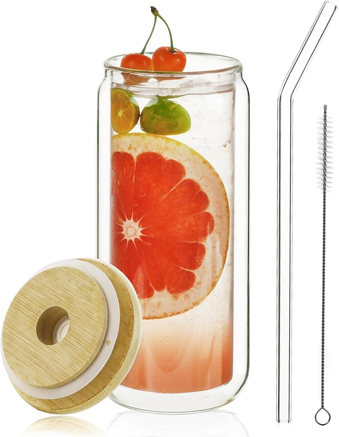 LIBWYS 16oz Double Wall Drinking Glass Cup with Bamboo Lid and Straw, 1 Pc Set – Condensation Resistant Insulated Glass Can Tumbler for Cold Drinks, Iced Coffee, Tea, Juice, Cleaning Brush