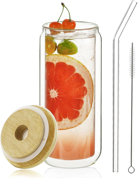 LIBWYS 16oz Double Wall Drinking Glass Cup with Bamboo Lid and Straw, 1 Pc Set – Condensation Resistant Insulated Glass Can Tumbler for Cold Drinks, Iced Coffee, Tea, Juice, Cleaning Brush