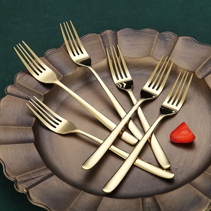 Gold Dinner Forks 6 Piece, Stainless Steel 8'' Forks Silverware Set, Dessert Forks, Table Forks, Salad Forks for Home, Kitchen or Restaurant, Dishwasher Safe