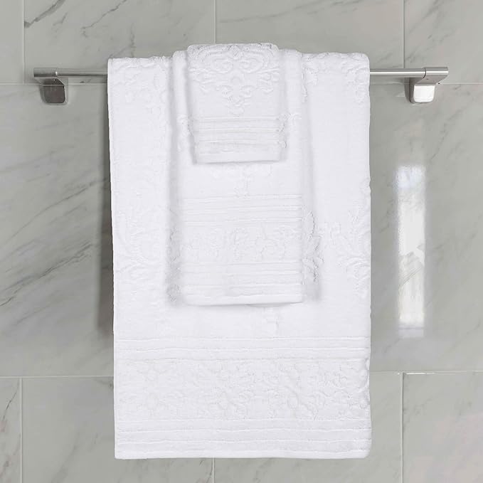 Superior Cotton 3 Piece Towel Set, Includes 1 Bath, 1 Hand, 1 Washcloth/Face Towel, Quick Dry, Home Essentials, Shower, Spa, Luxury Plush Soft Absorbent Towels, Zero Twist, Jacquard Floral, White
