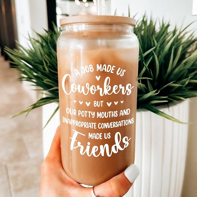 SANDJEST Coworker Gift for Women - 16oz Can Glass Coffee Cup - Funny Work Bestie Gift - Farewell Going Away Present for Female Colleagues and Friends