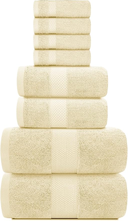 White Classic Luxury Bath Towel Set of 8 Pieces - 100% Turkish Cotton Highly Absorbent Towels for Bathroom, 2 Luxury Bath Towels 700GSM, 2 Hand Towels, 4 Washcloths, Beige