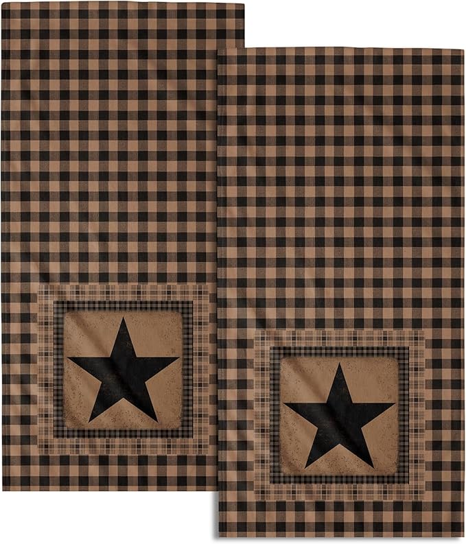 Vintage Western Texas Star Hand Towels for Bathroom Set of 2, Primitive Black Brown Decorative Buffalo Plaid Farmhouse Small Bath Towel Kitchen Dish Guest Towel for Home Spa Hotel 14.4 x 28.3 Inch