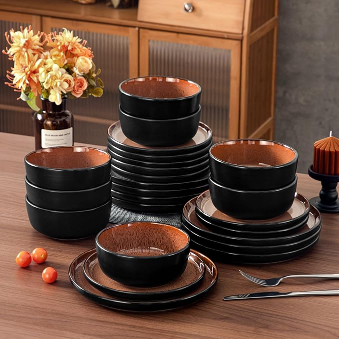 vancasso Plates and Bowls Sets, 24 Pieces Stoneware Dinnerware Sets for 8, Kitchen Dish Set Mircowave and Dishwasher Safe Ceramic Dishware, Dark Brown, Series AMBER