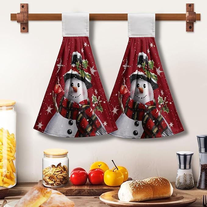 Snowman Xmas Hanging Kitchen Towels Winter Holiday Dish Towel with Hanging Loops Christma Hand Tie Towels Soft Absorbent for Bathroom Home Tabletop Decor 12x17 Inch Set of 2