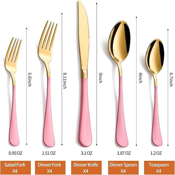 20 Piece Gold and Pink 18/0 Flatware Utensil Set for 4, Include Dinner Knife,Dinner Forks,Dinner Spoons,Salad Forks,Teaspoons,Silverware Set for 4, Dishwasher Safe