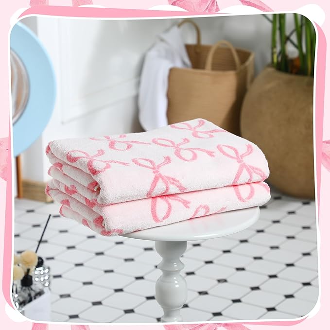 2 Pcs Pink Bow Bathroom Towels 100% Cotton Coquette Bow Bath Towels 28 x 55 Inch Absorbent Soft Preppy Bathroom Decor for Spa Gym Kitchen Women Gifts