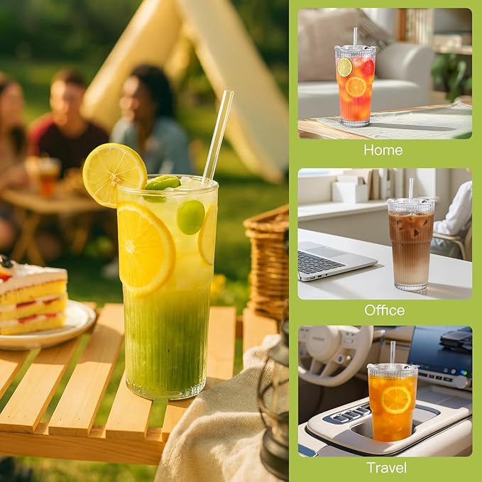 Ruckae 20oz Glass Bottles with Lids,Glass Cups with Lids and Straws,Water Bottle Drinking Glasses for Coffee,Smoothies,Tea,Juice (6, Transparent)