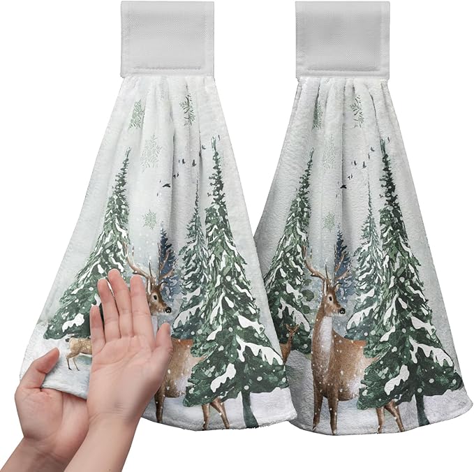 Winter Deer Hand Towels with Hanging Loop Pine Tree Snowflake Tie Towel 2Pcs Snow Hanging Kitchen Towels Decorative Tea Towel Soft Absorbent Washcloth for Home Bathroom Decor