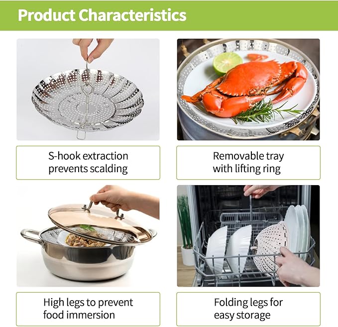 6-10.3" Expandable Steamer Basket for Cooking - 3rd Gen Stainless Steel Folding Steamer (Fits All 6"+ Pots), Fish Vegetables Pasta Eggs