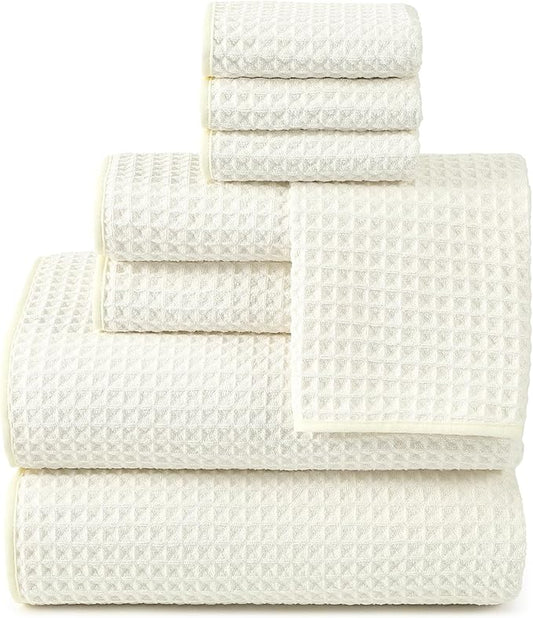 REDKISS 8 Pack Microfiber Waffle Bath Towels - Beige Waffle Towels for Bathroom, Extra Large, Highly Absorbent, Quick Dry Bath Towel Set, Lint Free Bathroom Towel for Gym, Shower, Hotel and Spa