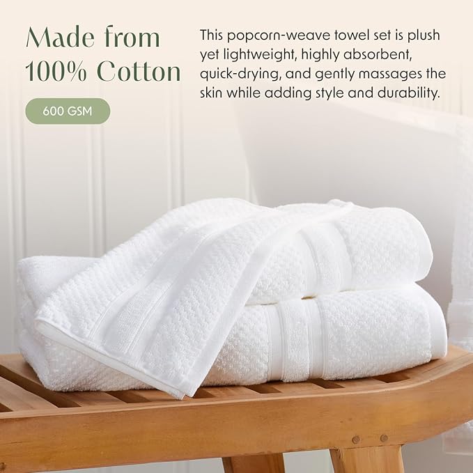 Springtree Home White Bath Towels Set of 4 | Popcorn Textured | 100% Combed Cotton | Absorbent Quick-Dry Towels for Bathroom | Oeko-TEX® Standard 100 Cotton | Poli Collection - Bright White