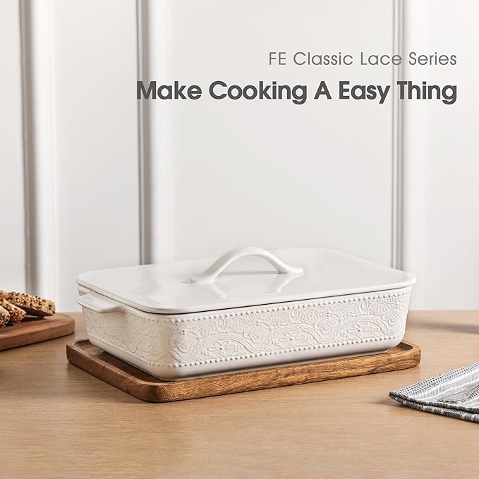 Casserole Dish with Lid, Ceramic 9x13 Casserole Dish for Oven, Rectangular Bakeware, Large Baking Dish with Handles for Holiday Cooking, Roasting, Baking, Oven & Microwave Safe (White)