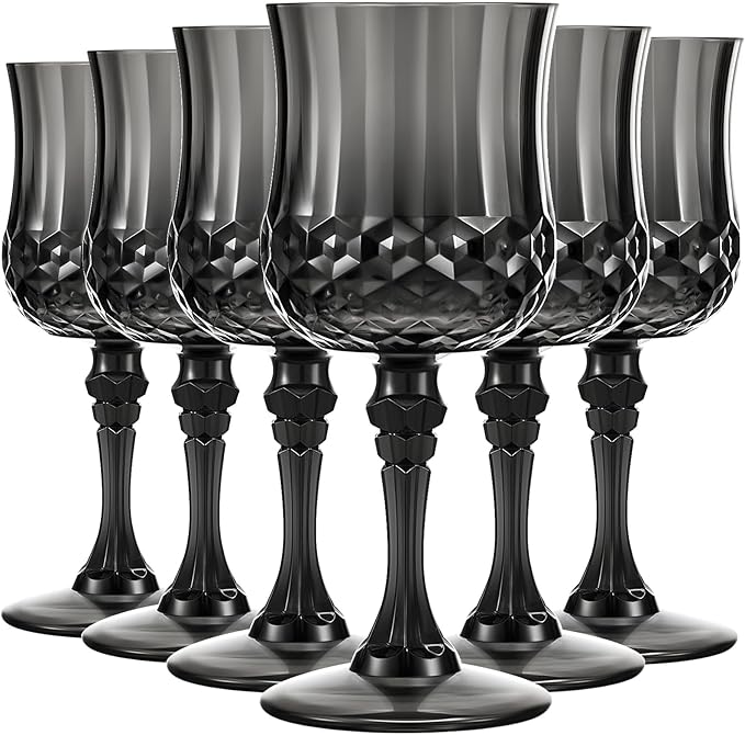 Pinkunn 6 Pcs 7 oz Plastic Vintage Wine Glasses Reusable Colored Goblets Patterned Drinking Water Glasses Cup Dishwasher Safe for Christmas Wedding Reception Party Supplies (Black)