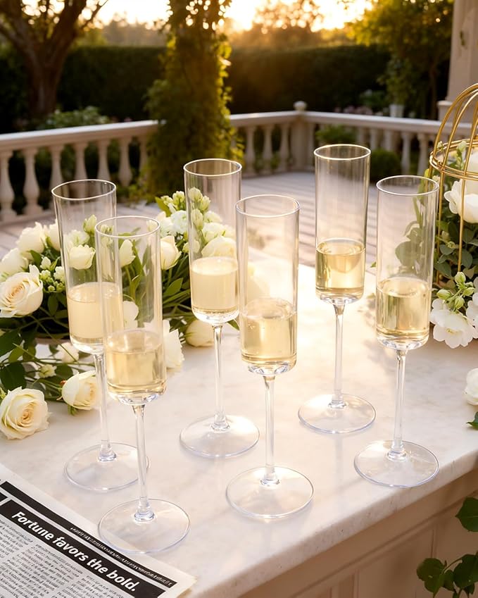 Ciaell 24 Pack Plastic Champagne Flutes - Clear 6 Oz Disposable Champagne Glasses - Square Plastic Toasting Glasses for Party Birthday Anniversary Wedding Christmas New Year