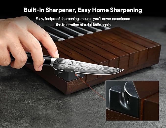 Steak Knives Set of 8 with Drawer Organizer Built-in Sharpener, 4.6 Inch Non Serrated Dinner Knife, Forged German Steel Damascus Pattern Straight Edge Meat Knife with Full Tang Handle, Black