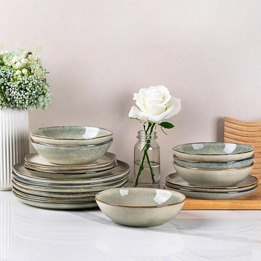 AmorArc Ceramic Dinnerware Sets of 8,Handmade Reactive Stoneware Glaze Plates and Bowls Sets,Highly Scratch Resistant | Dishwasher & Microwave Safe,Service for 8 Dishes Set (24pc)