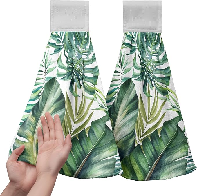 Summer Tropical Banana Leaf Hand Tie Towel Green Palm Leaves Kitchen Towels with Hanging Loop Jungle Hanging Dish Towel 2 Pcs Decorative Absorbent Tea Towels for Bathroom Kitchen