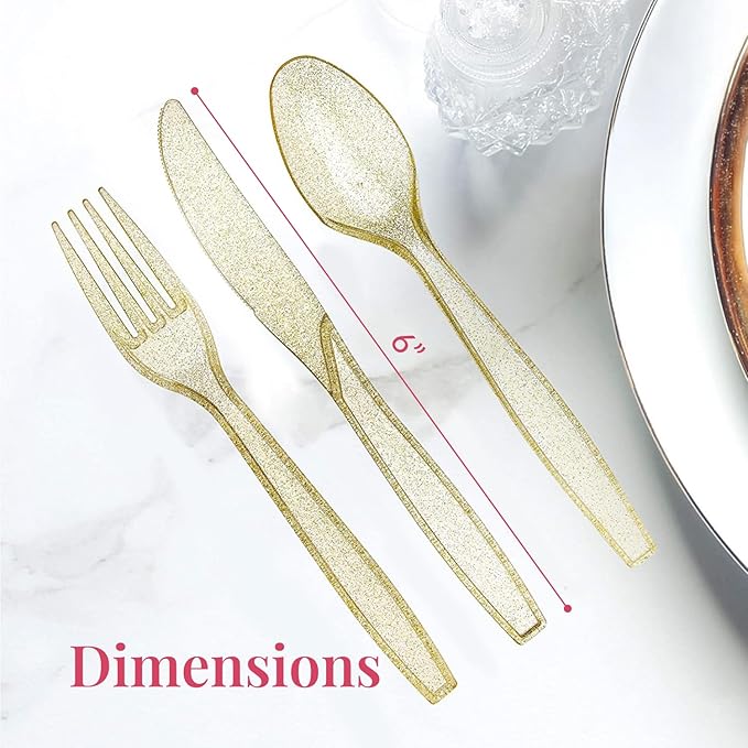Prestee 180-Piece Gold Plastic Silverware Set - Durable Plasticware Includes 60 Forks, 60 Knives, 60 Spoons - Fancy, Disposable Plastic Utensils and Flatware for Weddings, Parties, and Holidays