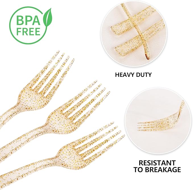 YOUBET 50PCS Gold Glitter Plastic Forks - Heavy Duty Plastic Forks - Solid Durable Gold Glitter Disposable Silverware for Party Picnic Wedding and Daily Use