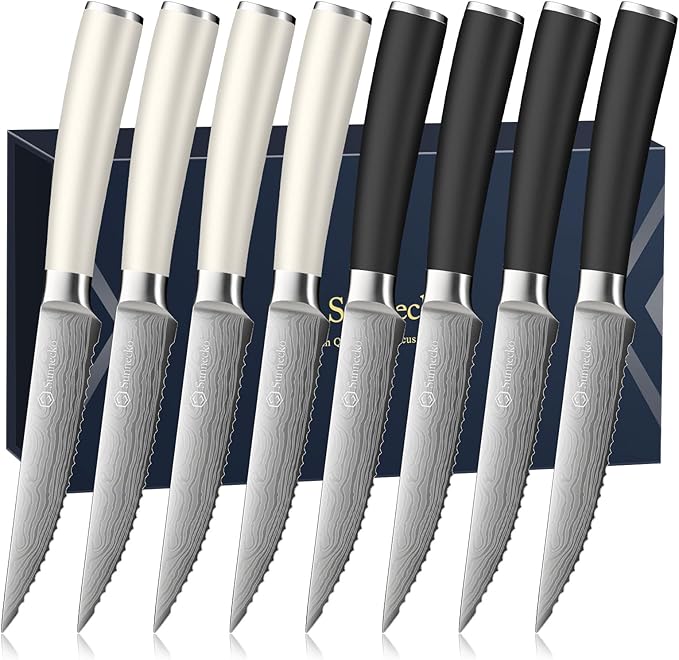 Sunnecko Steak Knives Set of 8,Premium Stainless Steel Serrated Steak Knives Set,Pakkawood Handle 4.5 Inch Kitchen Steak Knife with Gift Box(White/Black Handle)