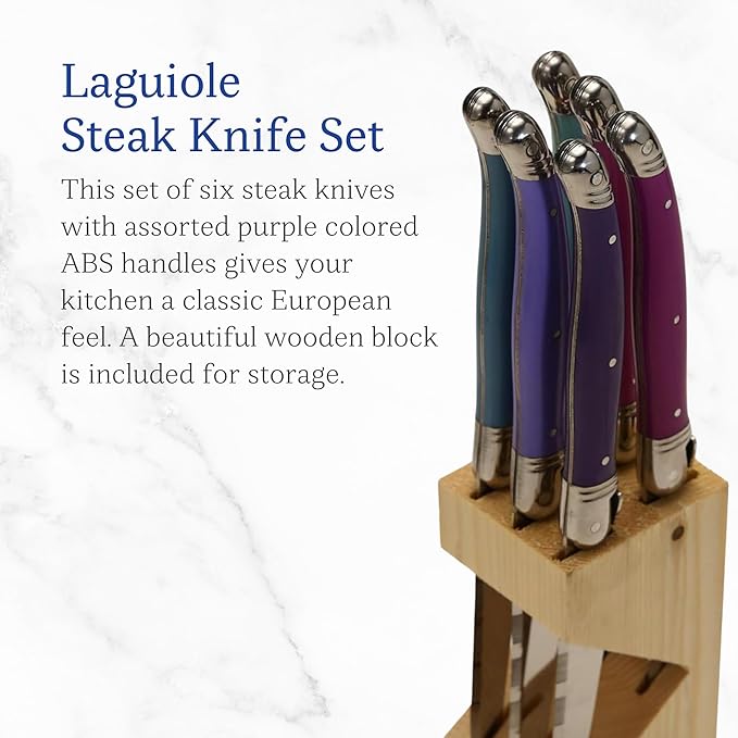 Jean Dubost Laguiole 6-Piece Steak Knife Set, Provence Purple Handles - 1.2 mm Blades - Rust-Resistant Stainless Steel - Includes Wooden Block - Made in France