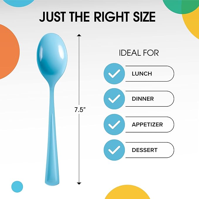 Party Solids Disposable Light Blue Plastic Spoons 200 Pcs - Heavy Duty, Modern, Elegant Plastic Disposable Cutlery