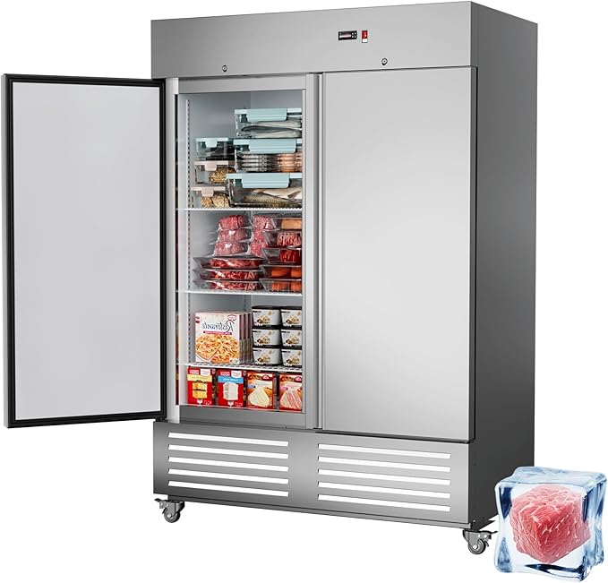 Commercial Freezer 2 Door Upright Freezers with 8 Adjustable Shelves, 54"W Stainless Steel Reach-in, Temp Control -10℉ ~ 10℉, 49 Cu.ft for Restaurant Kitchen Bar Garage, ETL and DOE Approved